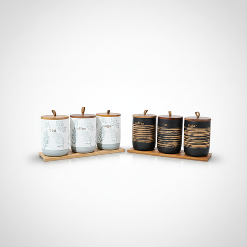 Ceramic Tea Coffee Sugar Canister Set with Bamboo Lids
