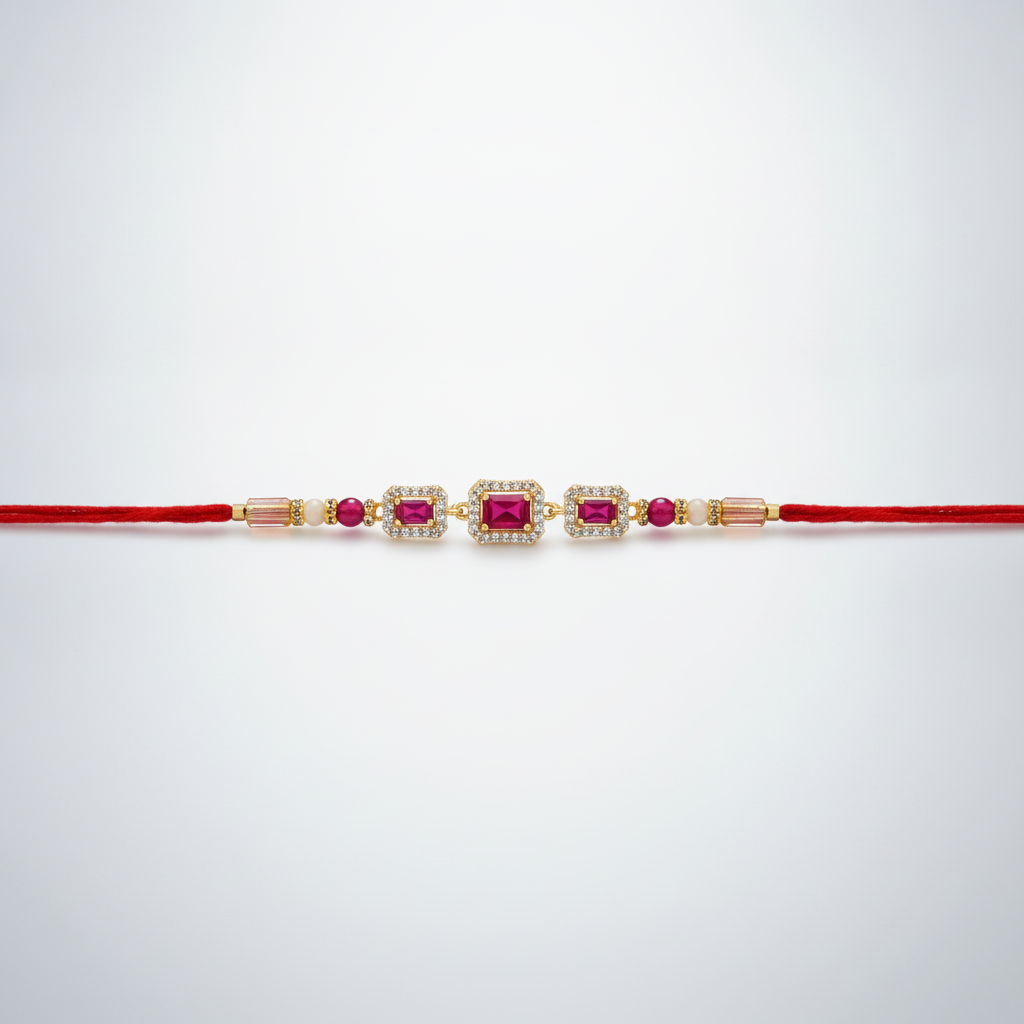 Elegant Ruby & Diamond-Style Triple Stone Rakhi