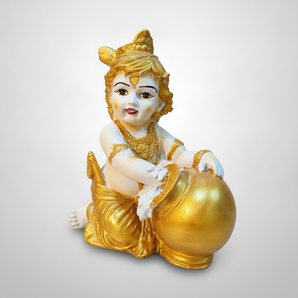 Baby Krishna Idol Poly Resin Figurine – 6.7 Inch Gold & White