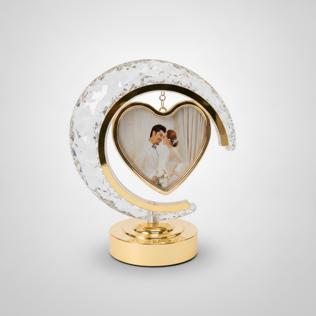 Crystal Moon Heart LED Photo Frame – Gold Romantic Gift