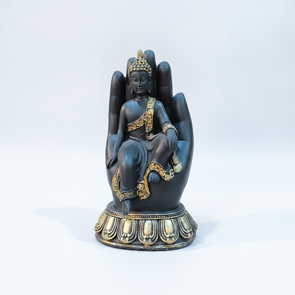 Buddha in Open Hand Statue – Black & Gold, 7.5 Inch