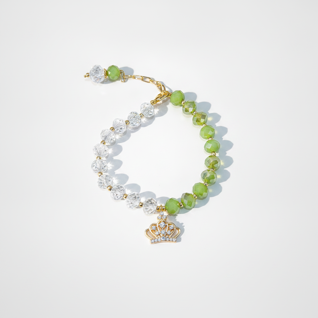 Royal Crown Charm Rakhi Band – Green & Crystal Beads