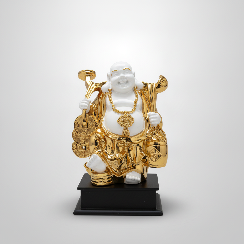 Gold & White Laughing Buddha Figurine with Lucky Coins