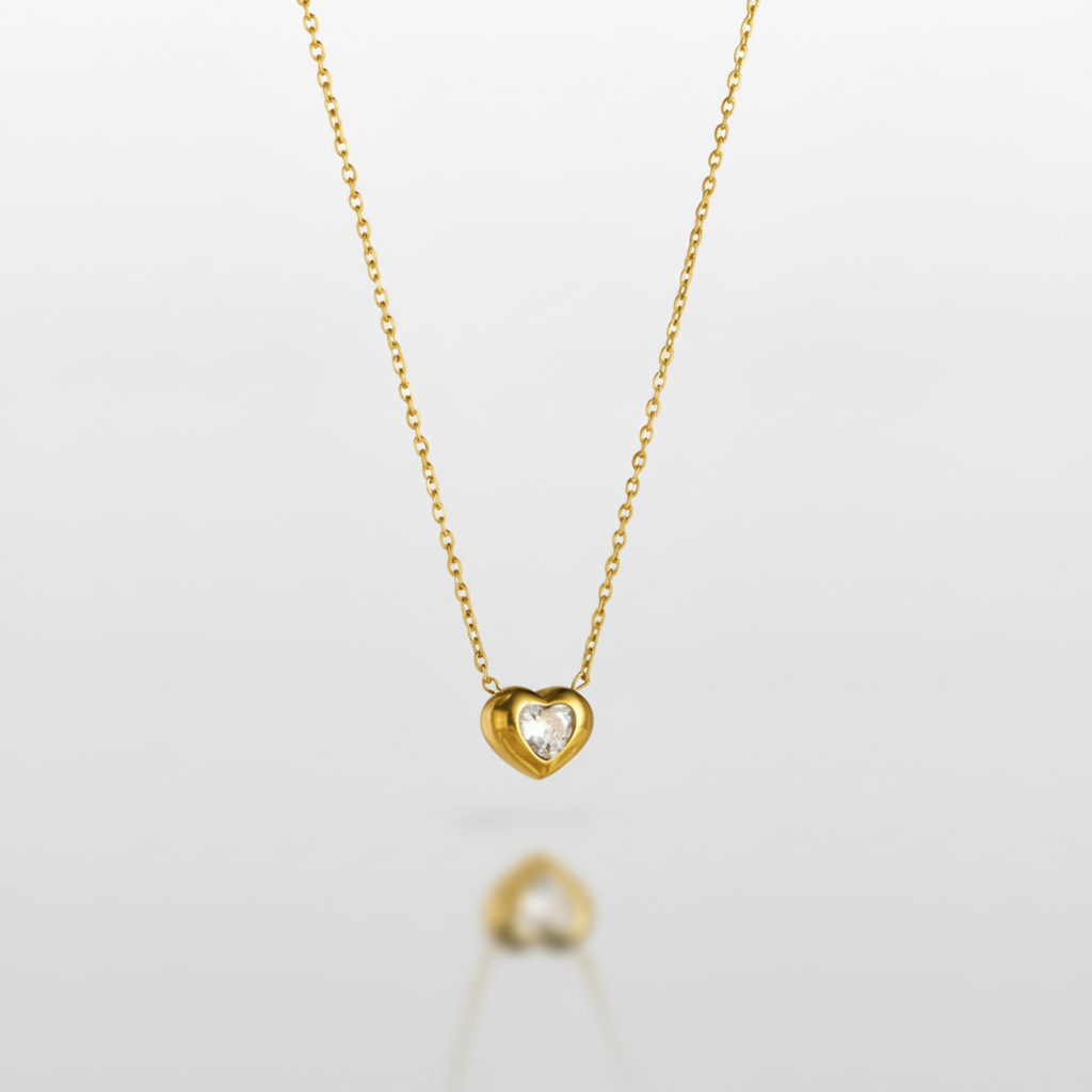 Gold Heart Pendant Necklace with Crystal Stone