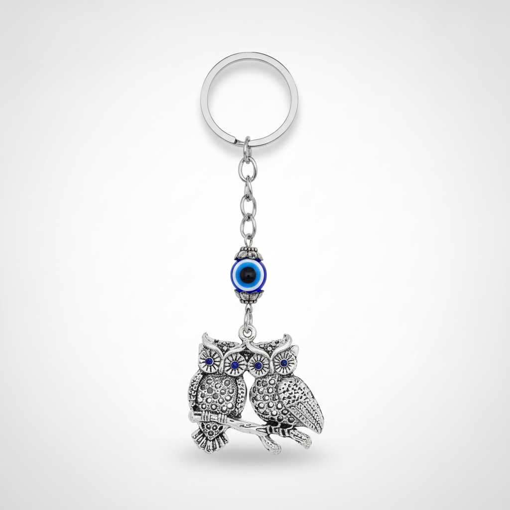 Twin Owl & Evil Eye Silver Charm Keychain