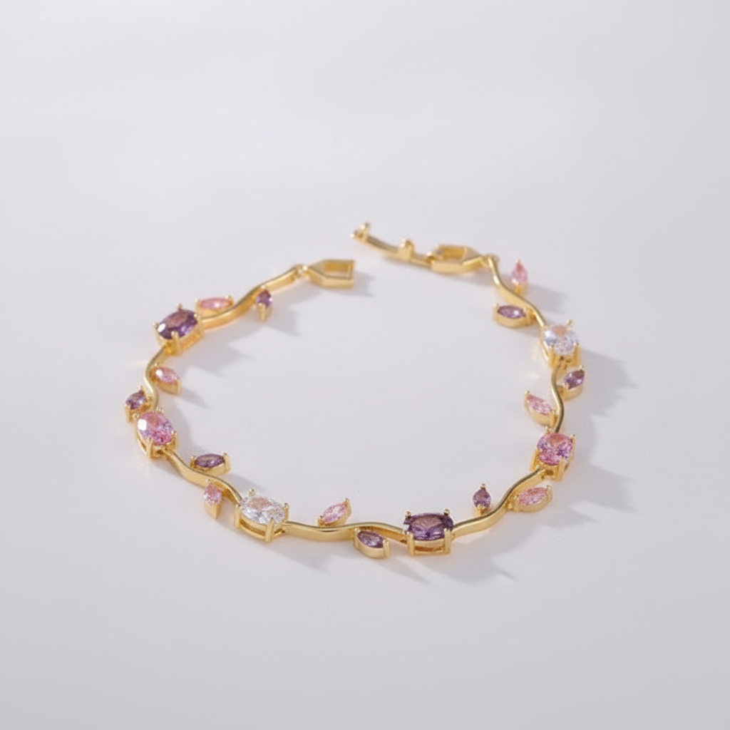Gold Vine Bracelet with Pink & Purple Crystal Stones