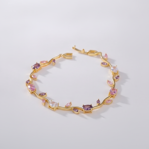 Gold Vine Bracelet with Pink & Purple Crystal Stones