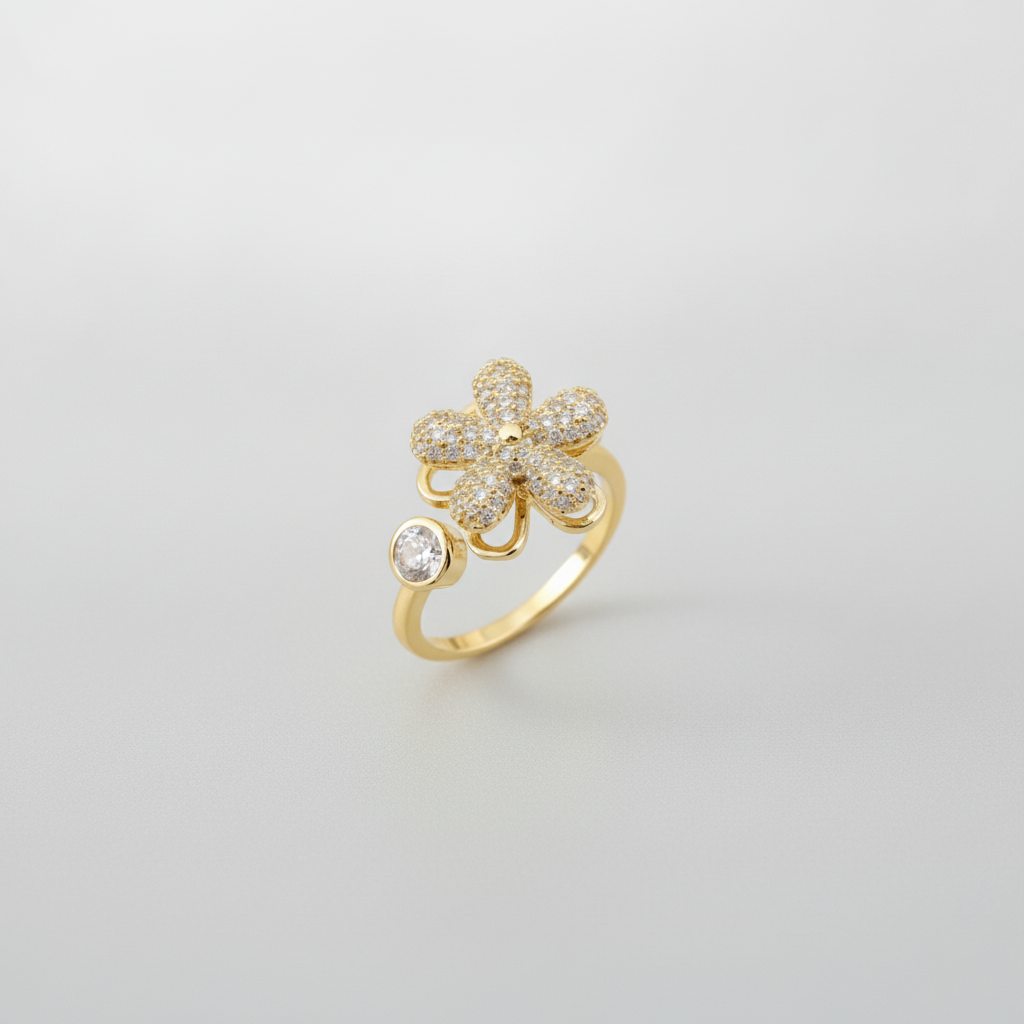 Gold Flower Adjustable Ring with Crystal Accent