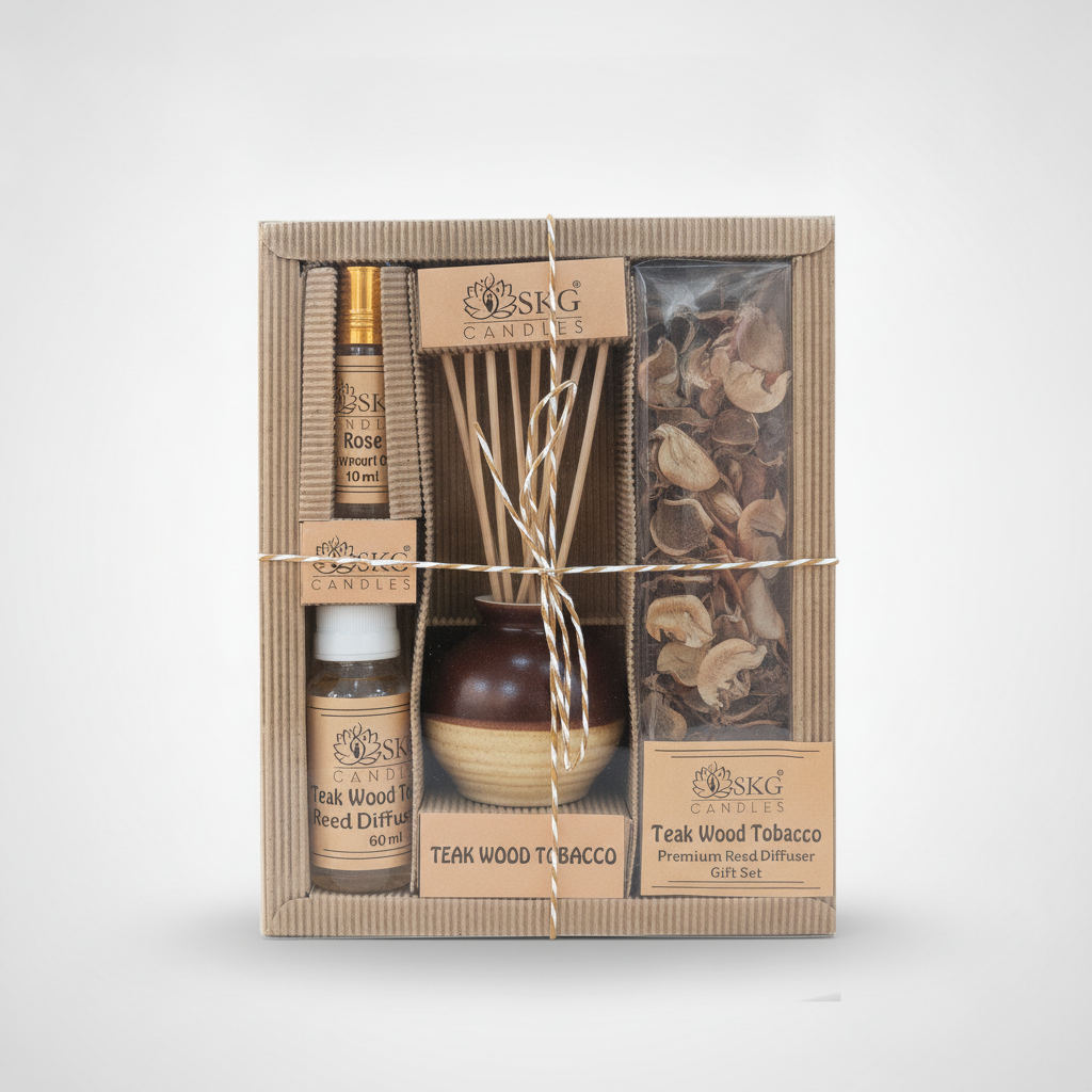 SKG Candles Teak Wood Tobacco Premium Reed Diffuser Gift Set