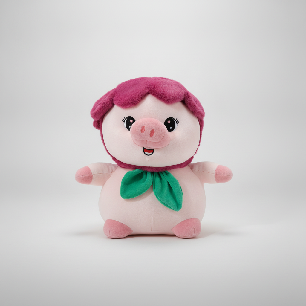 Cute Pink Pig Plush Stuffed Toy with Rose Hair & Green Bow