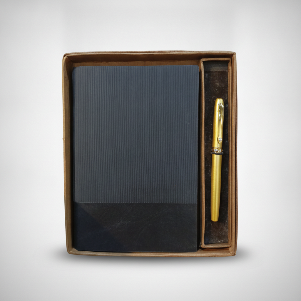 Elegant Notebook & Gold Pen Gift Set – Black Textured Journal