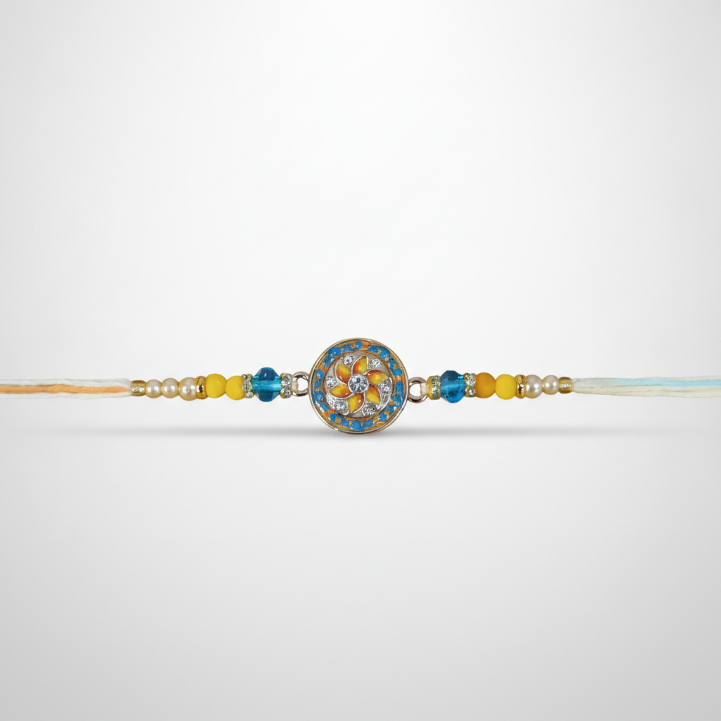 Meenakari Rakhi with Blue & Yellow Beads – Festive Thread