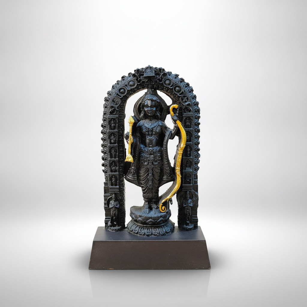 Ram Lalla Black Resin Statue with Gold Bow & Mace – 7 In