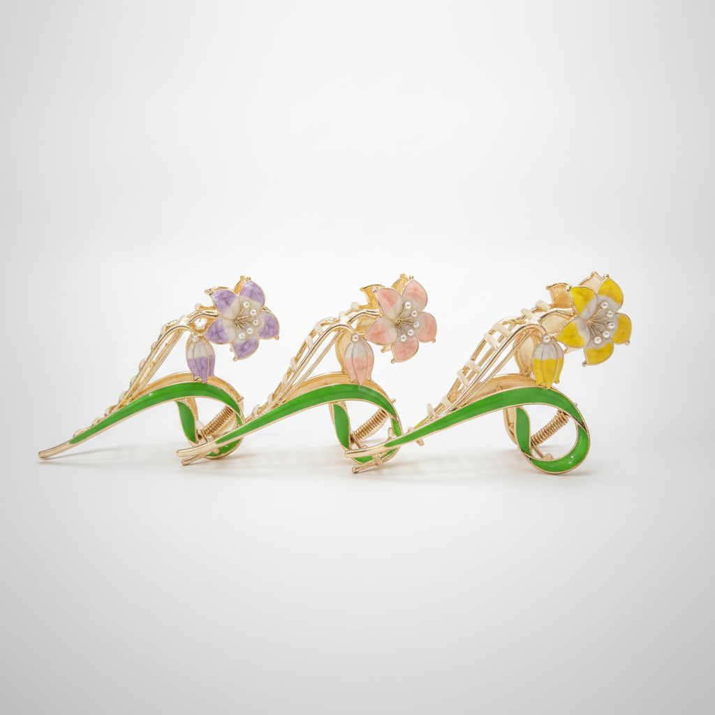 Enamel Flower Hair Clip with Pearl Accents & Gold Stem