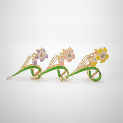 Enamel Flower Hair Clip with Pearl Accents & Gold Stem