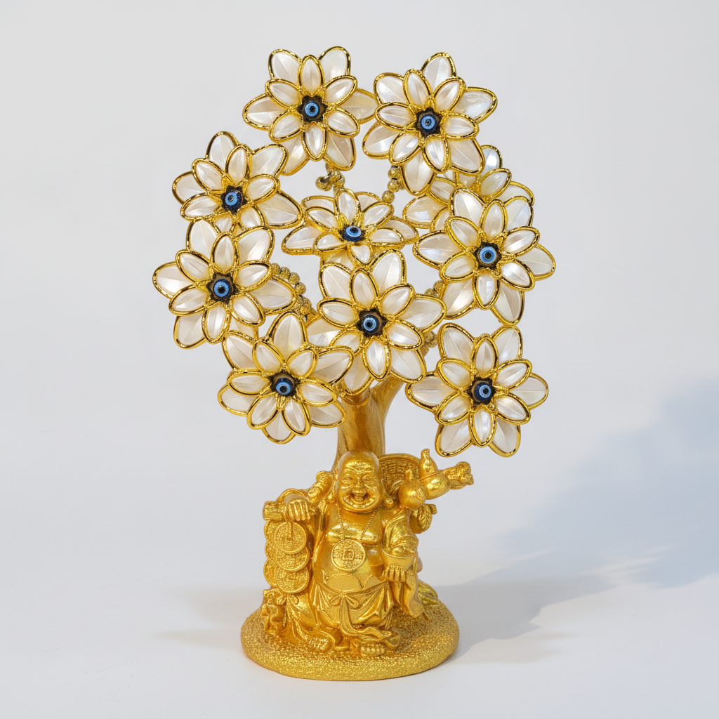 Golden Laughing Buddha Evil Eye Flower Prosperity Tree