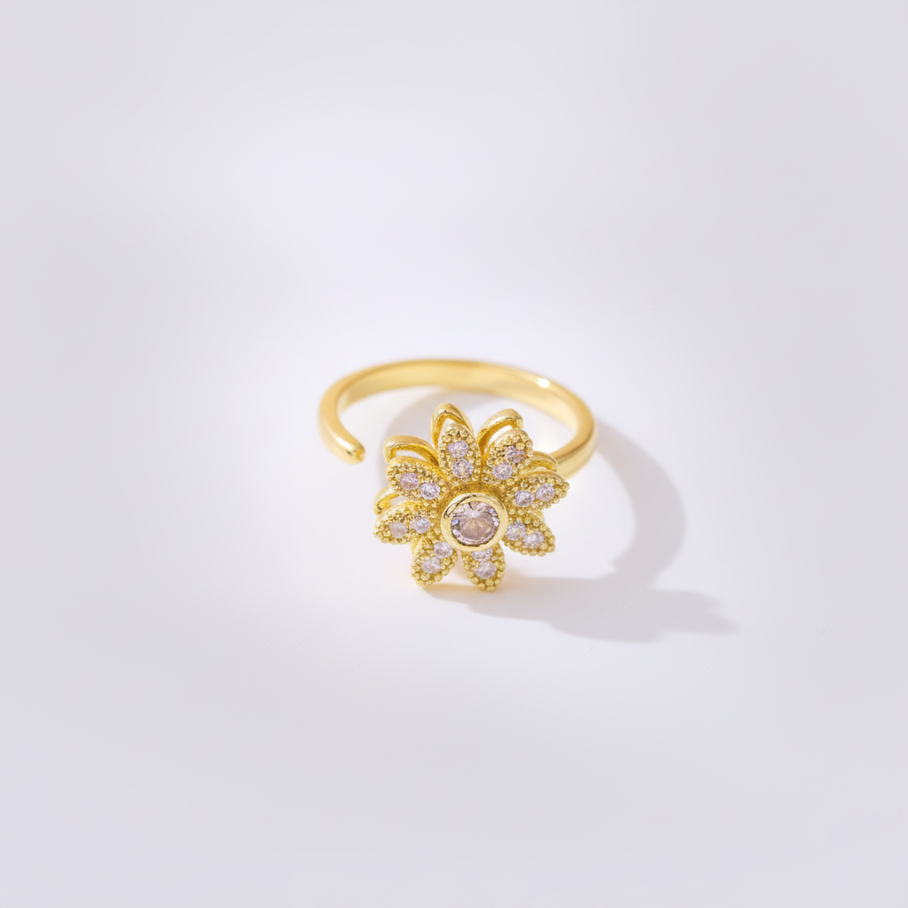 Gold Flower Crystal Ring – Adjustable Blooming Statement Ring