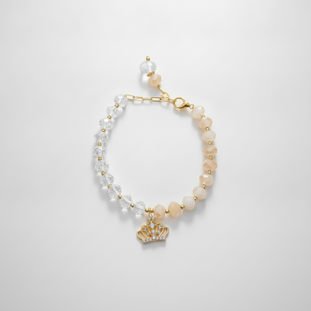 Crystal & Pearl Beaded Rakhi Bracelet with Gold Crown Charm