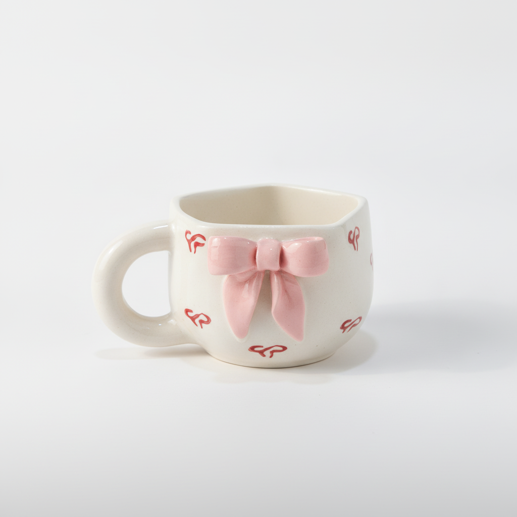 Heart-Shaped Ceramic Mug with 3D Pink Bow & Bow Print