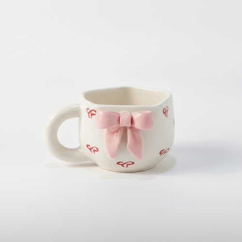 Heart-Shaped Ceramic Mug with 3D Pink Bow & Bow Print