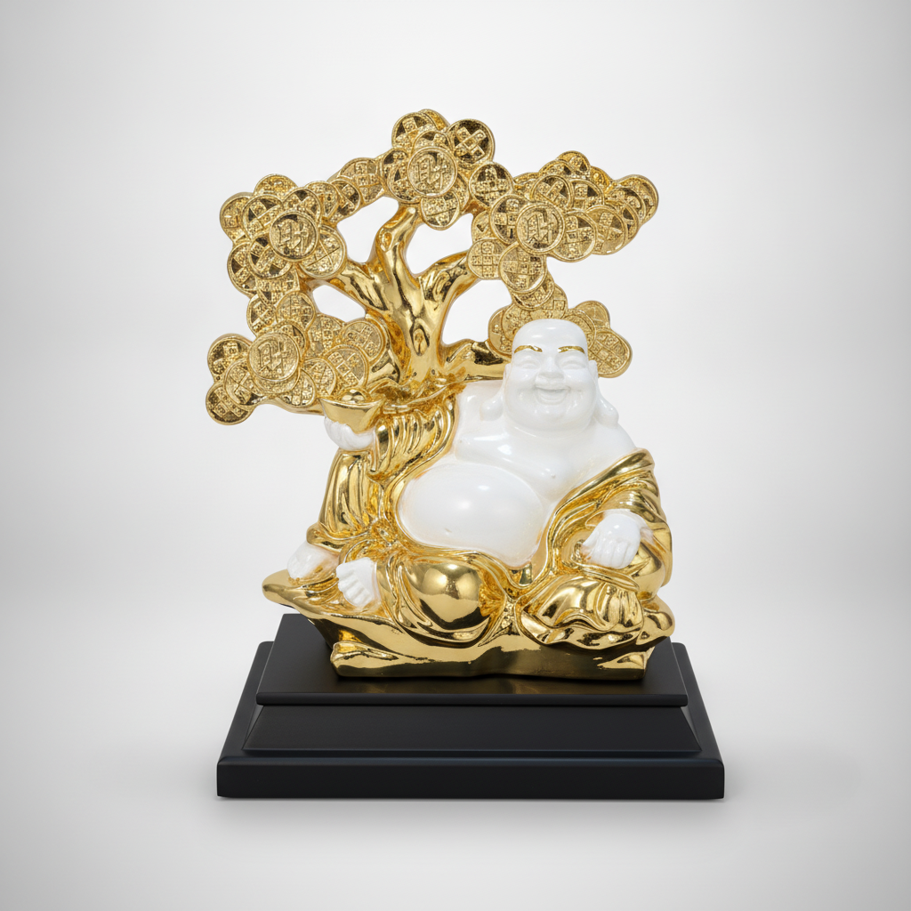 Gold & White Laughing Buddha Money Tree Feng Shui Figurine