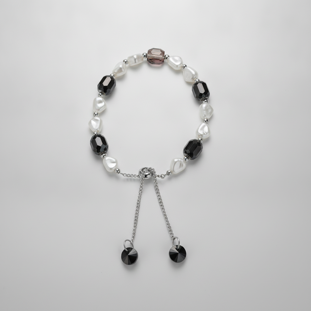 Black Crystal & Freshwater Pearl Adjustable Bracelet