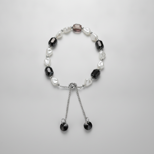 Black Crystal & Freshwater Pearl Adjustable Bracelet