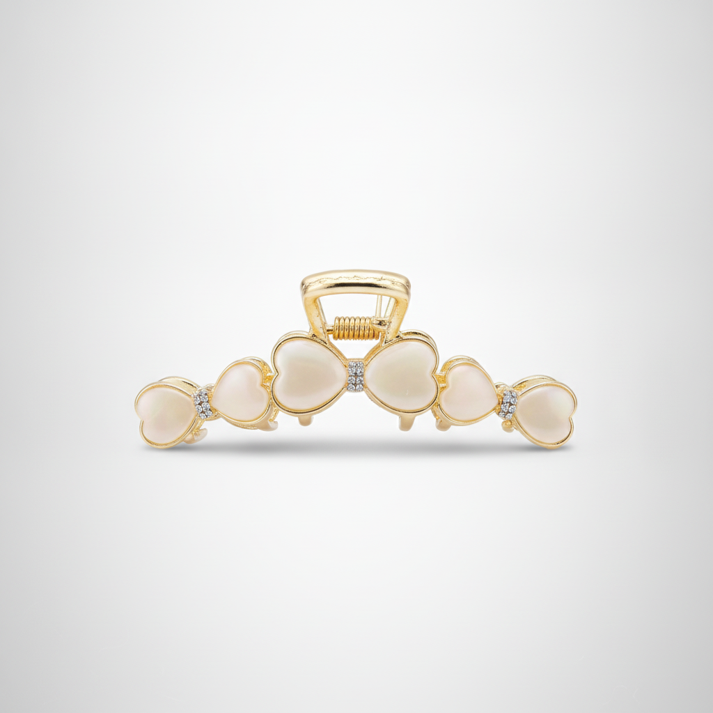 Gold Bow Hair Claw Clip with Crystal & Pearl Heart Accents