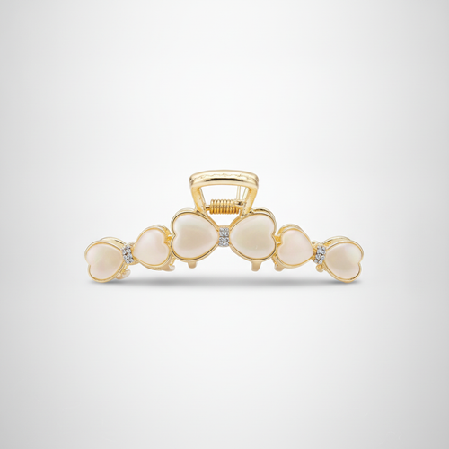 Gold Bow Hair Claw Clip with Crystal & Pearl Heart Accents