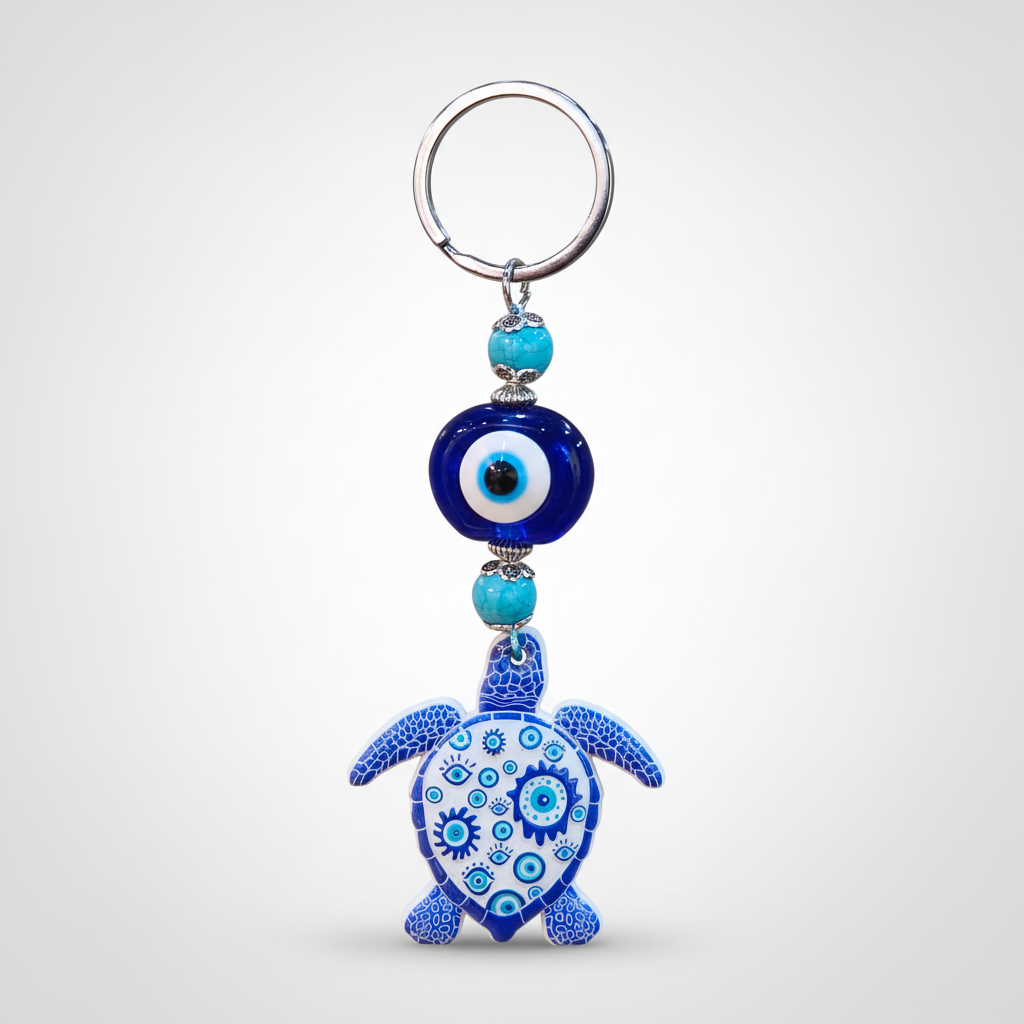 Evil Eye Turtle Keychain with Glass Bead & Turquoise Accents