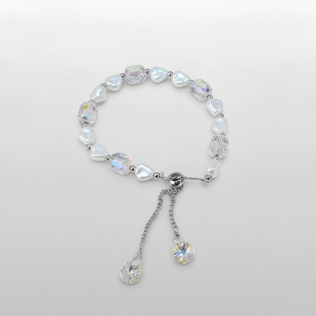 Pearl & Crystal Adjustable Bolo Bracelet with Charm Drops