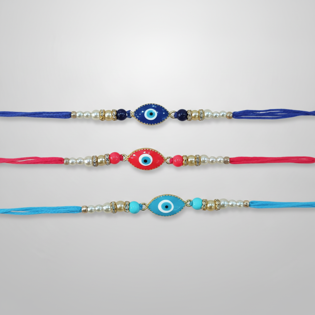 Evil Eye Rakhi Bracelet Set of 3 – Blue, Red & Turquoise