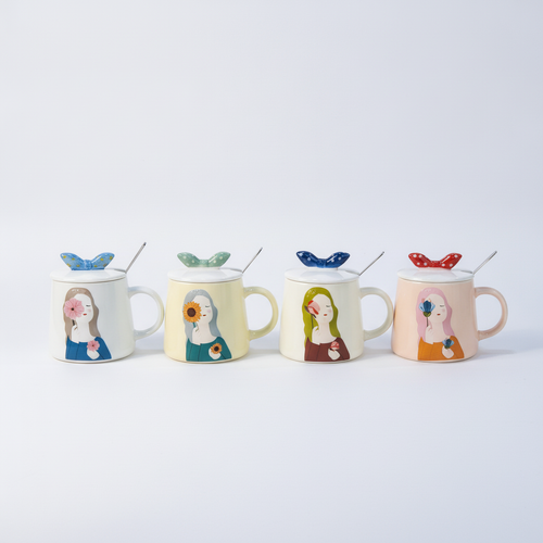 Ceramic Floral Girl Mug with Butterfly Lid & Spoon