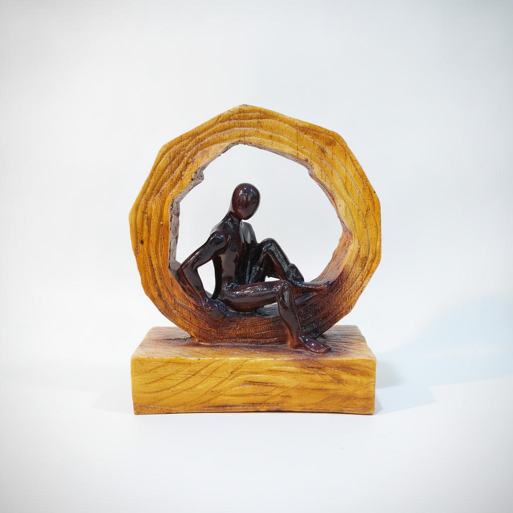 Abstract Seated Figure in Circle Poly Resin Sculpture