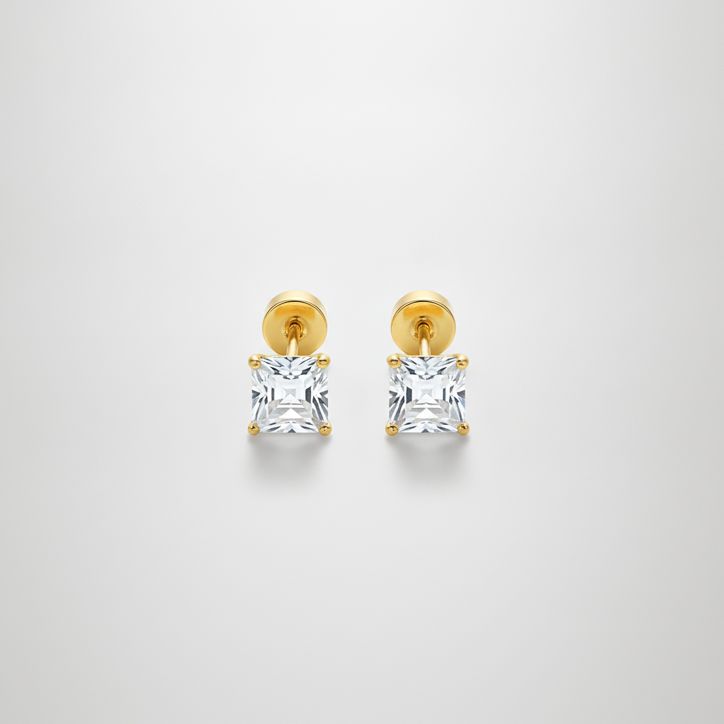 Men's Gold Square CZ Stud Earrings – Princess Cut