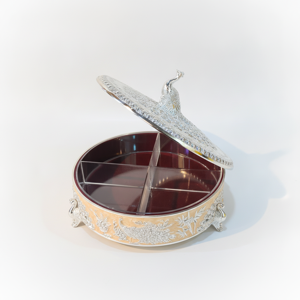 Silver Peacock Dry Fruit Box with Divided Compartments