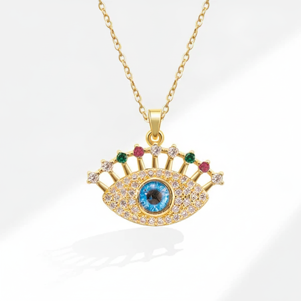 Evil Eye Pendant Necklace with Crystal Lashes & Blue Stone