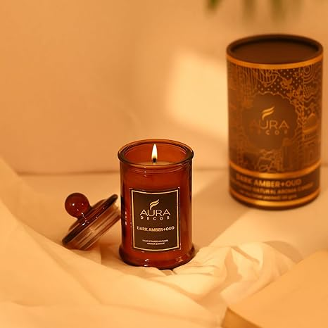 Aura Decor Scented Tomb Lid Jar Candle Organic Aroma Candles Soy Wax, Aromatic/Aromatherapy Fragrance Votive Candle (Vanilla + Oud)