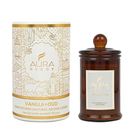 Aura Decor Scented Tomb Lid Jar Candle Organic Aroma Candles Soy Wax, Aromatic/Aromatherapy Fragrance Votive Candle (Vanilla + Oud)