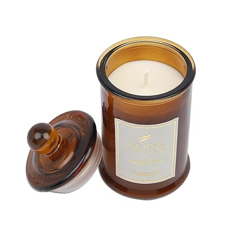 Aura Decor Scented Tomb Lid Jar Candle Organic Aroma Candles Soy Wax, Aromatic/Aromatherapy Fragrance Votive Candle (Vanilla + Oud)