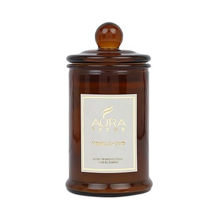 Aura Decor Scented Tomb Lid Jar Candle Organic Aroma Candles Soy Wax, Aromatic/Aromatherapy Fragrance Votive Candle (Vanilla + Oud)