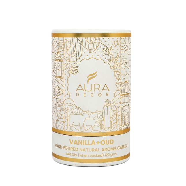 Aura Decor Scented Tomb Lid Jar Candle Organic Aroma Candles Soy Wax, Aromatic/Aromatherapy Fragrance Votive Candle (Vanilla + Oud)