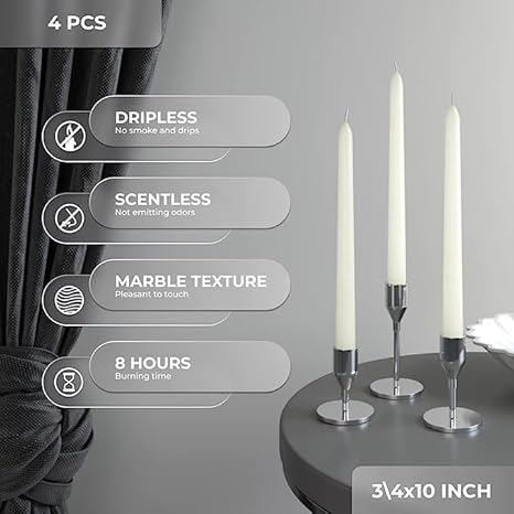 Aura Decor Ivory Taper Candles 10-Inch, Long Burning Time up to 8 Hours (Pack of 4)