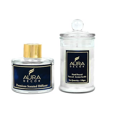 Aura Decor Luxury Reed Diffuser & Scented Candle Gift Set with Premium Fragrance of Blue Sage & Lavender