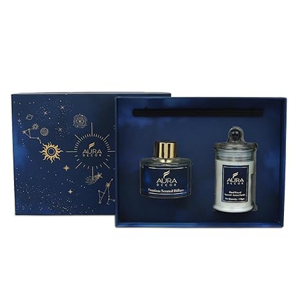 Aura Decor Luxury Reed Diffuser & Scented Candle Gift Set with Premium Fragrance of Blue Sage & Lavender
