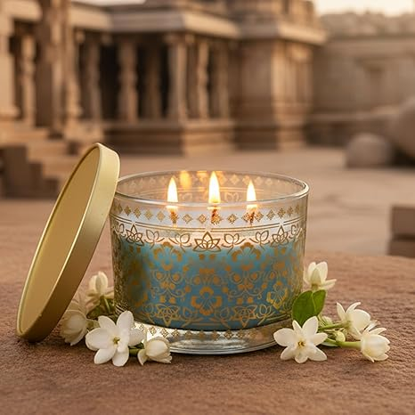 EKAM 2025–26 Festive Fragrance Gift| Scented 3 Wick Candle| Mogra | Inspired by Stone Palace | 28-Hour Burn | Essential Oil Infused