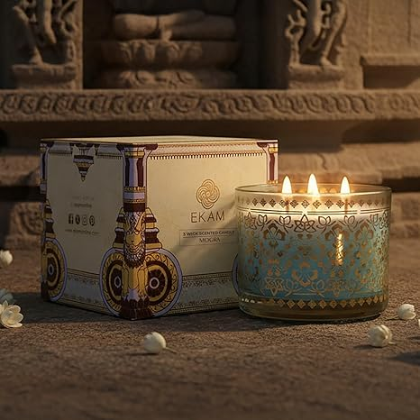 EKAM 2025–26 Festive Fragrance Gift| Scented 3 Wick Candle| Mogra | Inspired by Stone Palace | 28-Hour Burn | Essential Oil Infused
