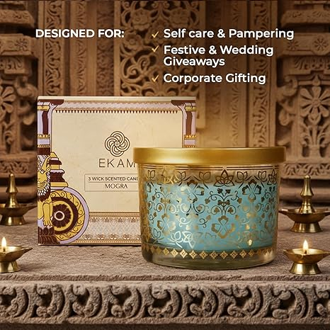 EKAM 2025–26 Festive Fragrance Gift| Scented 3 Wick Candle| Mogra | Inspired by Stone Palace | 28-Hour Burn | Essential Oil Infused