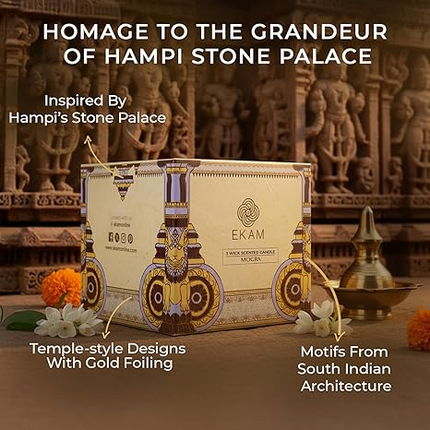 EKAM 2025–26 Festive Fragrance Gift| Scented 3 Wick Candle| Mogra | Inspired by Stone Palace | 28-Hour Burn | Essential Oil Infused