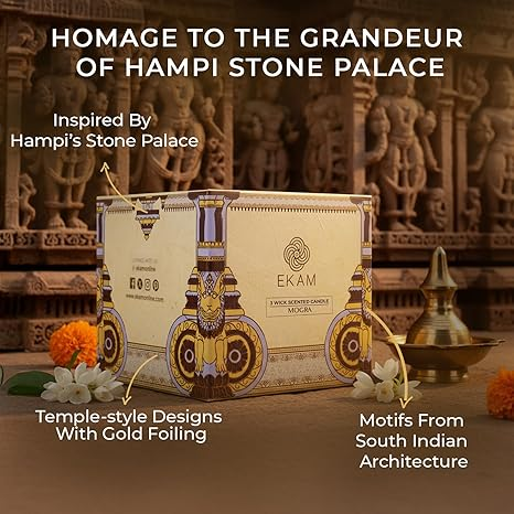 EKAM 2025–26 Festive Fragrance Gift| Scented 3 Wick Candle| Mogra | Inspired by Stone Palace | 28-Hour Burn | Essential Oil Infused
